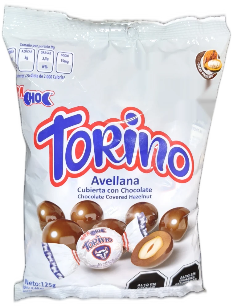Bolsa de Torino: en el frente dice Avellana cubierta con chocolate